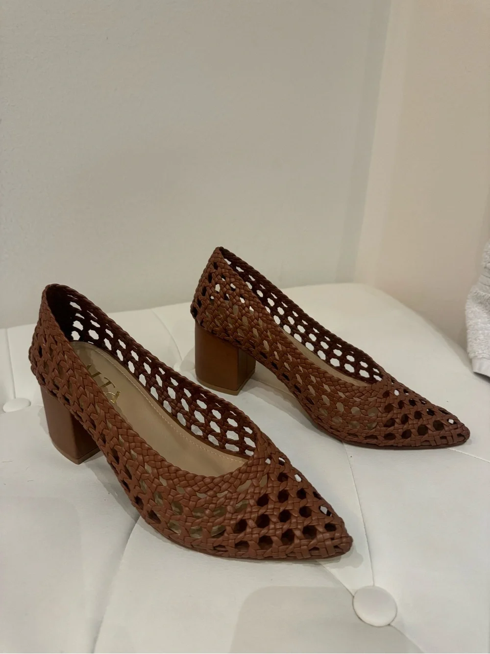 ALTA Brown Woven Leather Block Heel Pumps